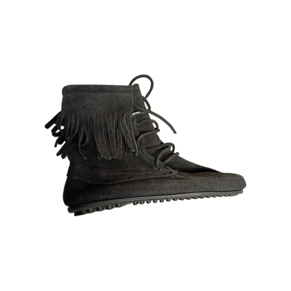 Minnetonka Black Suede High Top Fringe Booties Women Size 6 Lace Up Ankle Boots